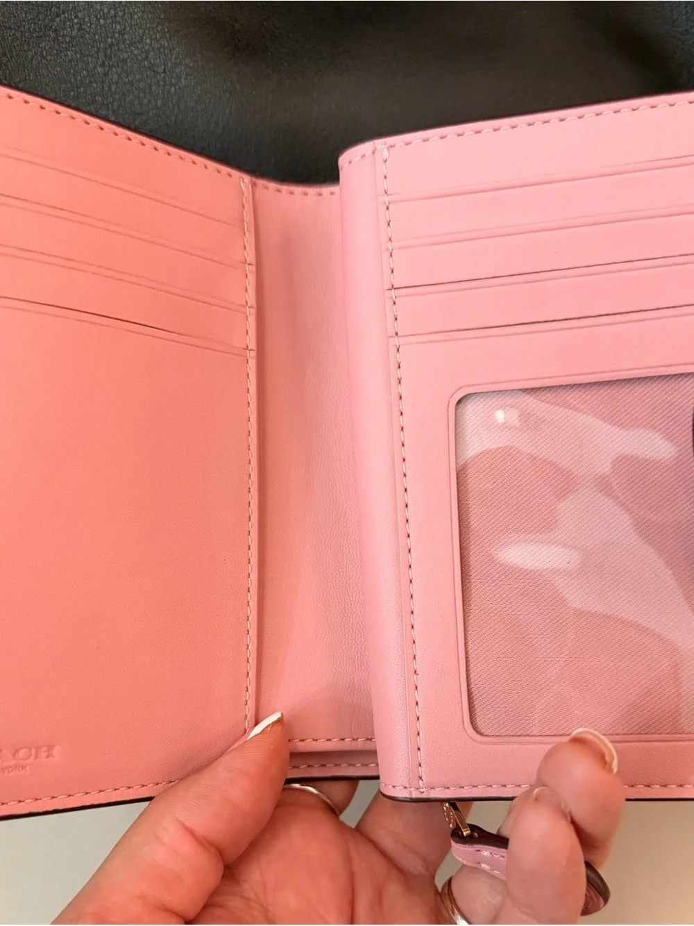 Coach Brown Signature Canvas Wallet with Pink Snap Tab